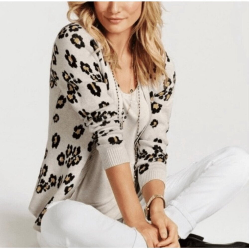 CABI Women's White Black Kiki Leopard Print Metal Buttons Cardigan Sweater